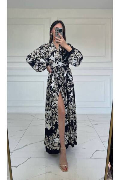 My Blog Black Patterned Slit Long Dress - 2Y296122