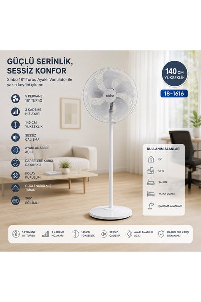 VAVENİ BEYAZ 5 PERVANE - 18 INC EV - OFİS KOMPAKT - SESSİZ - ÜÇ KADEME 140CM YÜKSEKLİK AYAKLI VANTİLATÖR SF