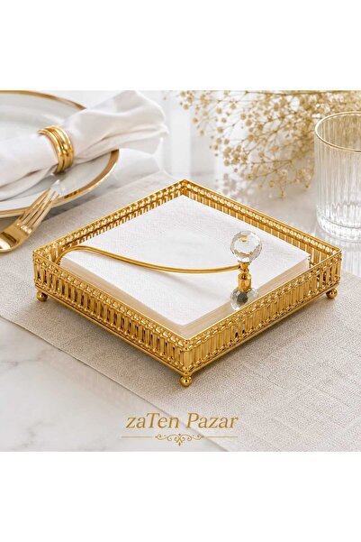 zaTen Pazar Zarif Aynalı Kare Peçetelik – Gold 18*18 cm Krom Metal