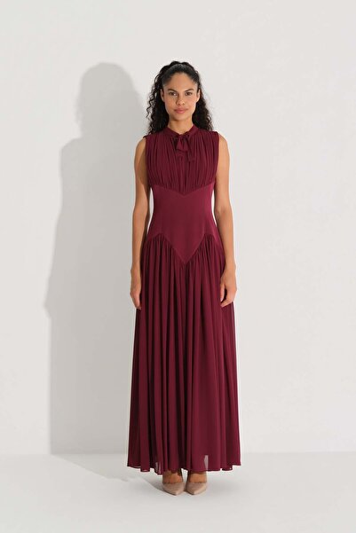 miha Hicran Önal Bel Formu Corset Embroidered Chiffon Crepe Dress Burgundy