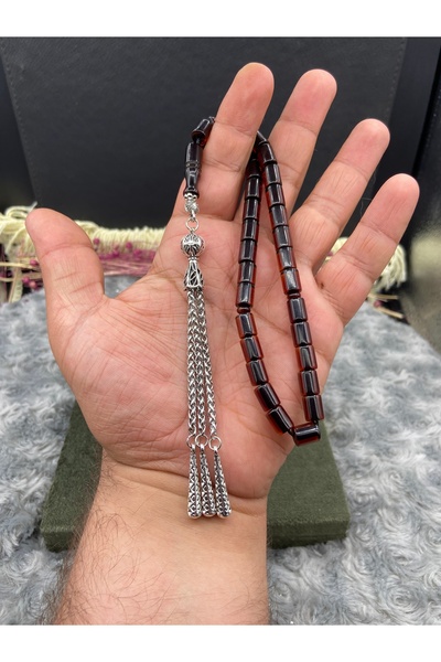 Kttesbihaksesuar 7x9 mm UZUN PÜSKÜLLÜ ÇUBUK ATEŞ KEHRİBAR TESBİH GÜMÜŞ KAPLAM...