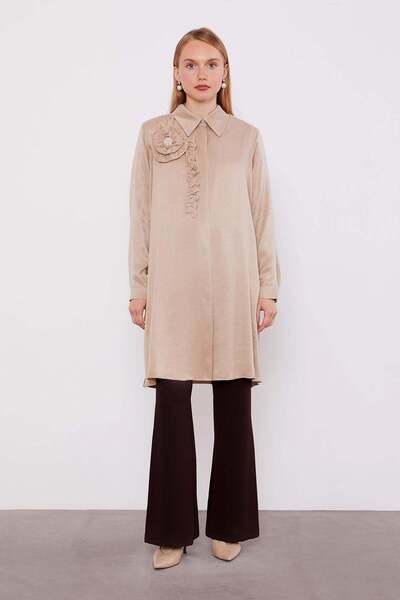 Levidor Beige Ruffle Floral Detail Cupra Shirt