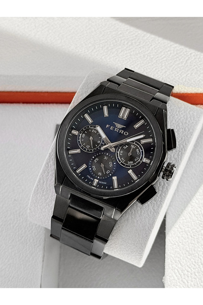 FERRO Black Steel Cord Men's Wristwatch Fm11587A-G3 Functions Active Waterpro...