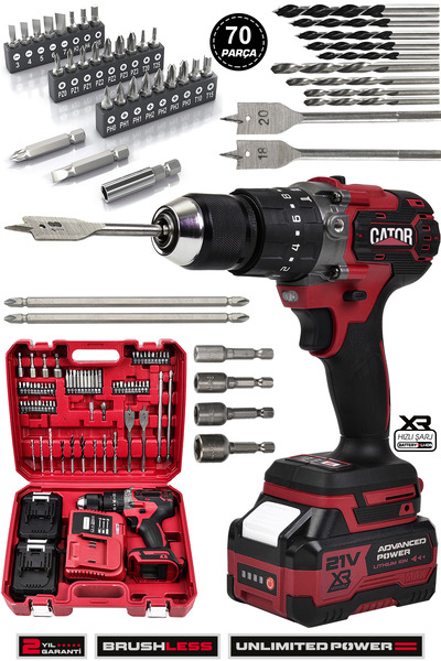 CATOR 21V 10 Pilli Kömürsüz Motor 13 mm Çelik Mandren Akülü Vidalama Şarjlı D...