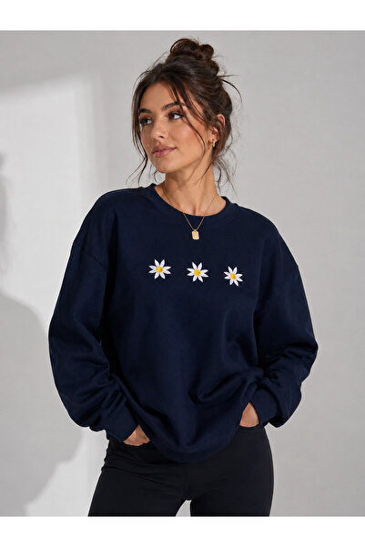 caddekombin Women's 3-Piece Daisy Printed Crew Neck Sweatshirt