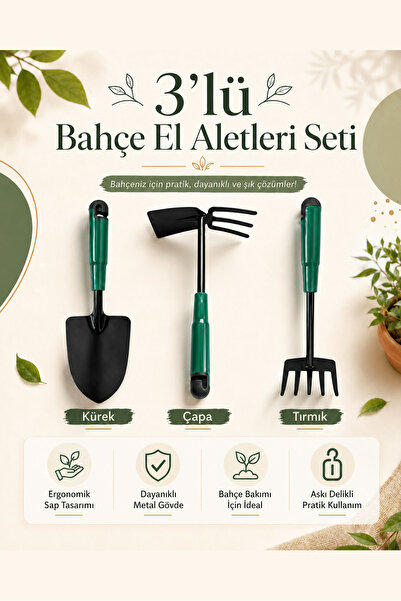 NUBLADO Kürek Çapa Tırmık 3'lü Hobi Seti Metal Bahçe Tarla Çim Peyzaj Bitki Ç...