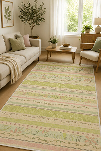 G&C HOME Vintage Çizgili Çiçek Desenli Dijital Baskı Kaymaz Taban Halı Salon ...