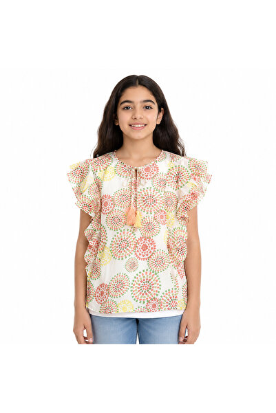 Genenic Girls' Blouse with Circular Floral Print and Butterfly Sleeves Size 1...