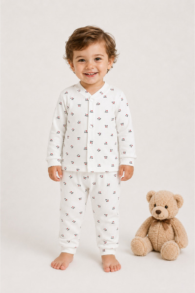 TİNY GOLDEN Snap Fastener Baby Pajama Set 100% Cotton Organic Fabric Long Sle...