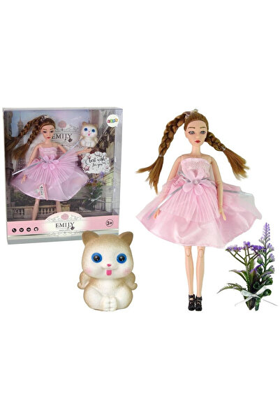 LeanToys Papusa Emily 30 cm cu codite, pisicuta si flori