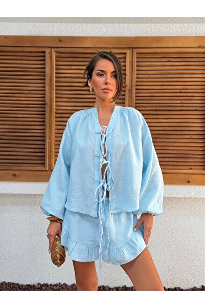 GAMZE ALPTEKİN Premium Special Production Muslin Fabric Double Set with Tie-D...