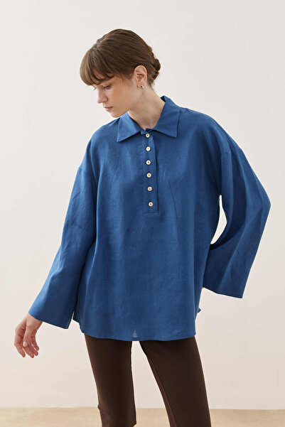 Fahhar Patched Linen Shirt Blue