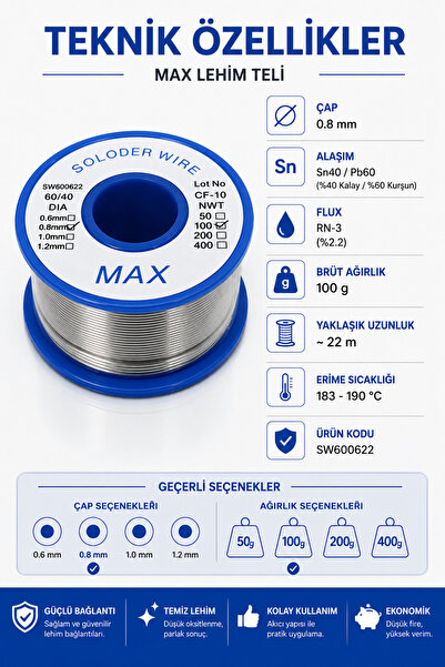 RoboPazar MAX 100 gr Lehim Teli 0.8 mm, Sn40/Pb60, RN-3 %2.2 Flux