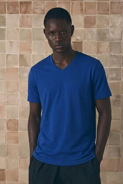 DAMGA JEANS Men's Cotton Flexible Blue V-Neck T-Shirt