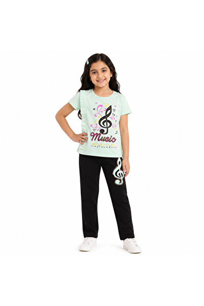 Generic Girls' Set Mint Green T-Shirt and Black Trousers with Music Print