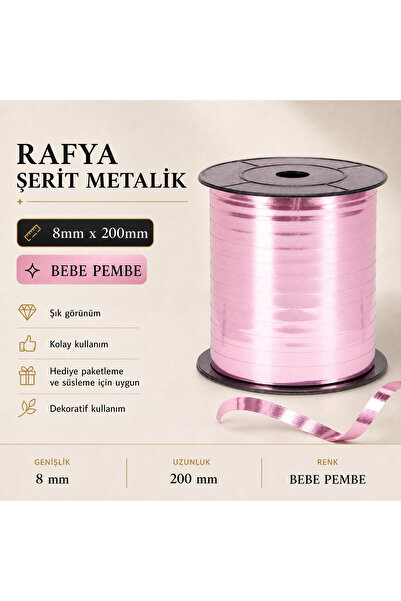 san Metalik Rafya Şerit Balon ve Hediye Bağlama İpi 8mm x 200 Metre (Bebek Pe...