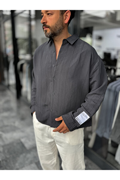 BYBASICMAN Anthracite Sleeve Patched Thin Striped Oversize Shirt Es-40-71