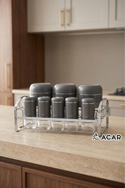 ACAR JADE GRİ GÜMÜŞ 8 PARÇA STANDLI CAM BAHARAT SETİ