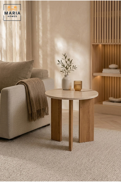 MARIA HOMES طاولة جانبية دائرية عصرية بقاعدة خشبية، طاولة طرفية معاصرة لغرفة ...