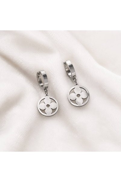 yes ticaret Women's Silver Color Steel Clover Figured Dangle Hoop Earrings