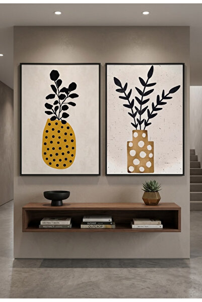 Linacci Set de 2 tablouri din sticlă cu cadru metalic negru, decor nordic pen...
