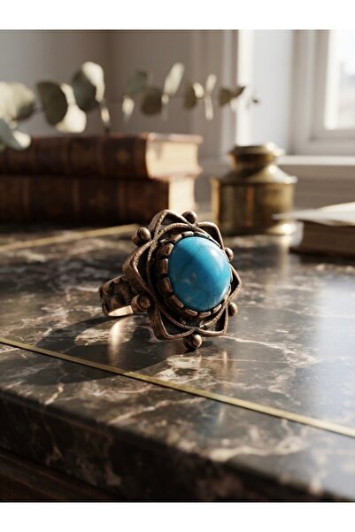 Meneva Aksesuar Turquoise Natural Stone, Copper Inlaid Adjustable Authentic Ring