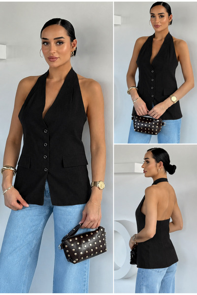 ebrusvnms Black Blazer Vest with Low Back Cutout