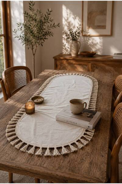 linea natura home Püsküllü Vintage Keten Oval Runner 30x180