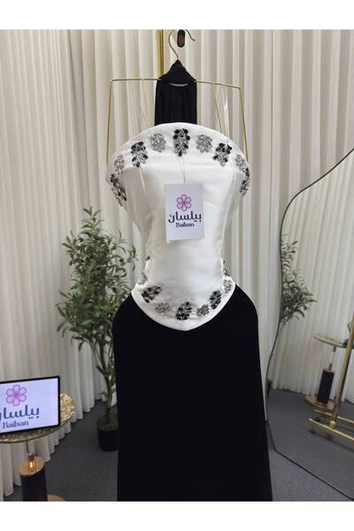 Bailsan Long White Dress with Black, with Shiny Embellishments