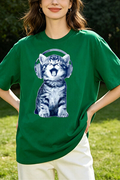 Fleck Womens T Shirts Cat With Headphones Music Lover Cute Animal Print Casua...