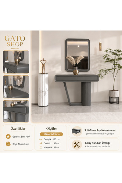 GATO SHOP Modern Aynalı Dresuar Konsol 2 Çekmeceli Antrasit Gri Şık Antre ve ...