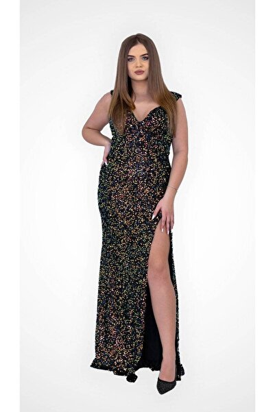 FashionApp Rochie de damă, lungă, cu paiete, negru/auriu