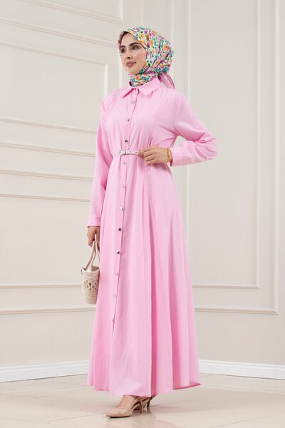 Sevitli Shirt Collar Belted Berra Dress-Pink