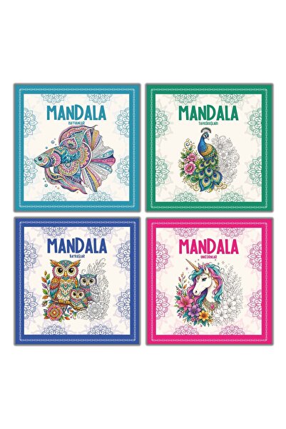 dokuzyayinlari Mandala Boyama Kitabı 4’lü Set - Hayvanlar, Tavuskuşları, Bayk...