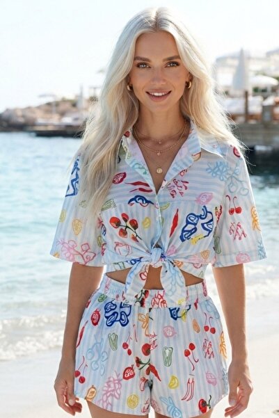 Lupinn Kadın Meyve Desenli Plaj Şortu Yüksek Bel Yazlık Beachwear Tatil Şortu...