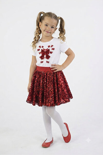 NATS KİDS Girl's Red Sequin Skirt Set with Bow Sequin Embroidered White T-Shi...