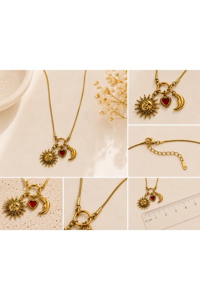 Archhazel Jewelery Sun Moon Heart Charm Necklace Steel Gold