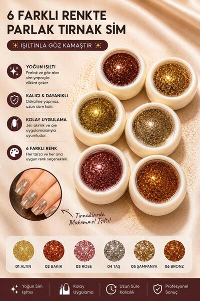 SEVRU 6 Adet Nail Art Sim Tozu Renkli Set, Kalıcı Oje, Protez Tırnak Süsleme ...
