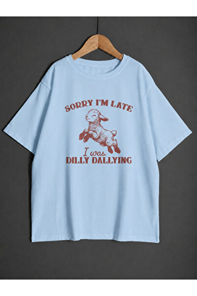 ZİYMO Women's Sorry I'M Late Lamb Printed Oversized T-Shirt