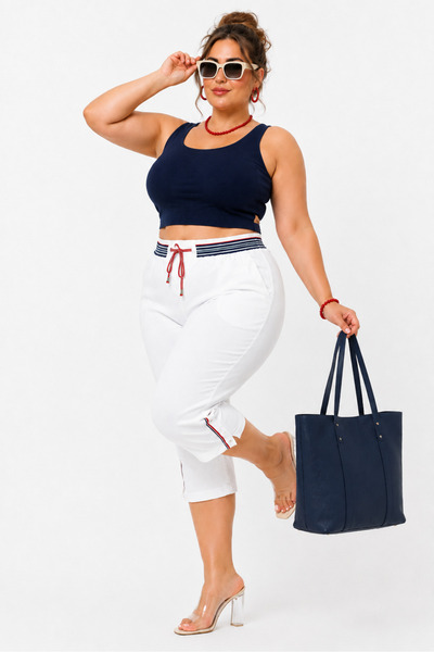 Pangos Fashion Plus Size Elastic Waist Lace-Up Back Pocket Lycra Women's Capri