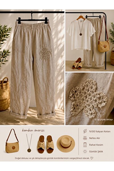 MADE İN ITALY Talyan Raw Linen Women's Trousers Elastic Waist Handcrafted Flo...