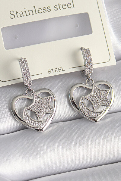 ARMÜZ Brass Silver Color Heart Model Zircon Stone Moon Star Embroidered Women...