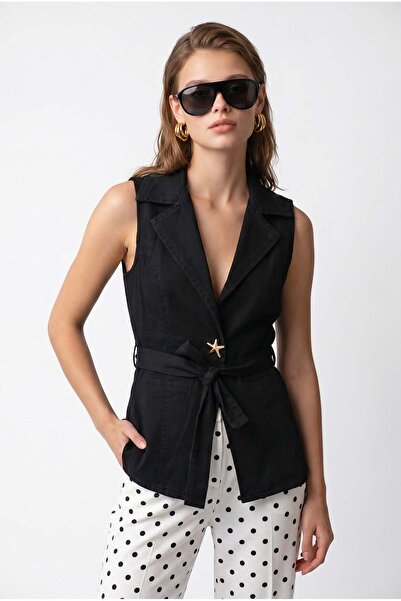 Mixray 2157 Women's Double-Breasted Collar Starfish Buttoned Belted Vest Black