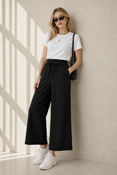 AFVENTE Luna Belted Wide Leg Trousers Black