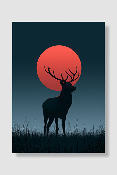 Luna Marissa Deer Poster Midnight Blue Red Moon and Deer Silhouette Wall Deco...