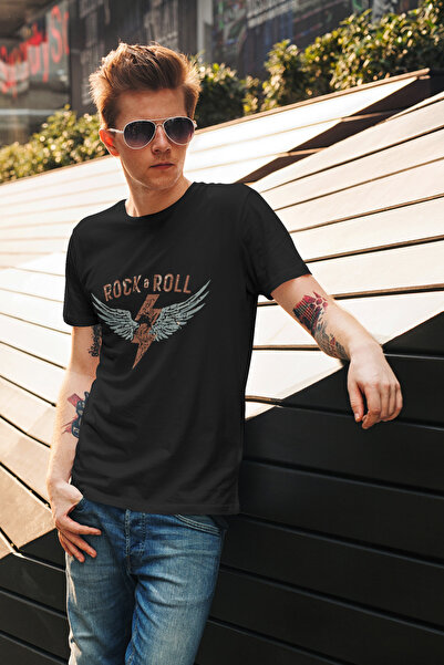 ZOKAWEAR تي شيرت أسود من Rock And Roll Rock Music Wing مطبوع بقصة عادية 100% قطن