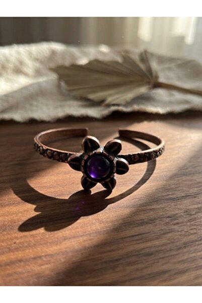 Meneva Aksesuar Elegant and Adjustable Flower Motif Copper Bracelet with Purp...
