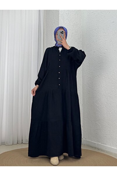 MİHRA STORE فستان نوربيري موسلين كاجوال بـ 6 أزرار-NA2416 أسود