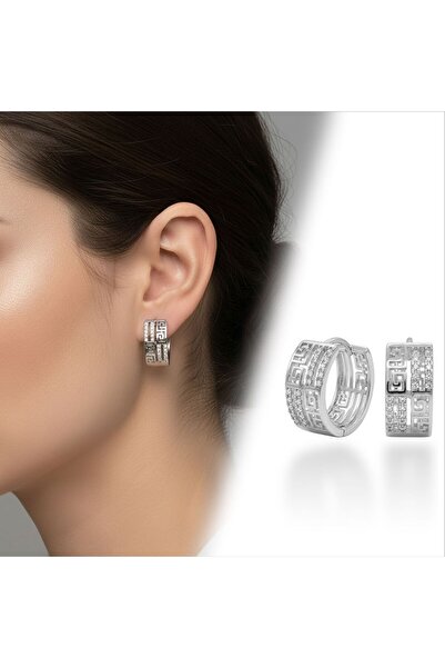 Mestore Greek Pattern Zircon Stone Strip Detail Vip Hoop Earrings White-Yello...