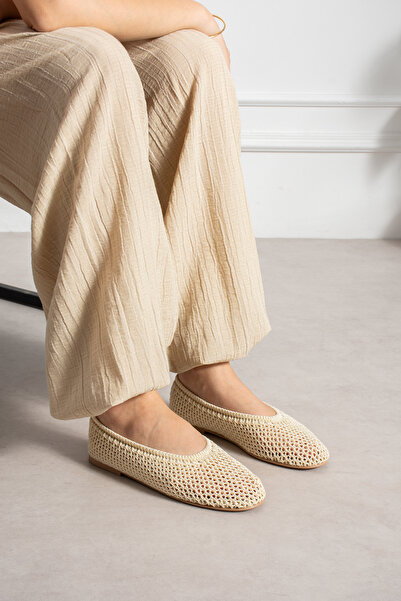LORENN SHOES Cream Ecru Knitted Knitwear Women's Ballerina Mesh Round Toe Sum...